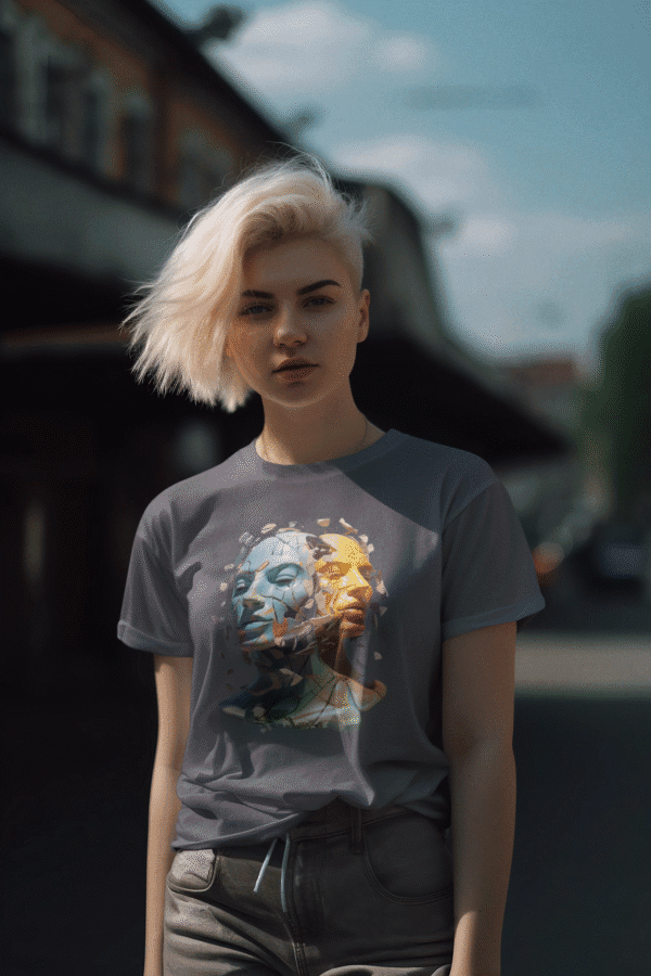 Young woman with platinum blonde hair wearing a dark grey t-shirt featuring a vivid, surreal double-face design, standing in a moody urban setting.