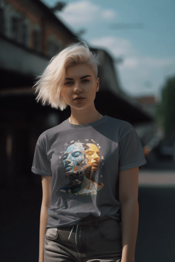 Young woman with platinum blonde hair wearing a dark grey t-shirt featuring a vivid, surreal double-face design, standing in a moody urban setting.