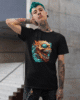 t shirt mockup of a punk man with blue hair and tattoos posing by a stairway 26480